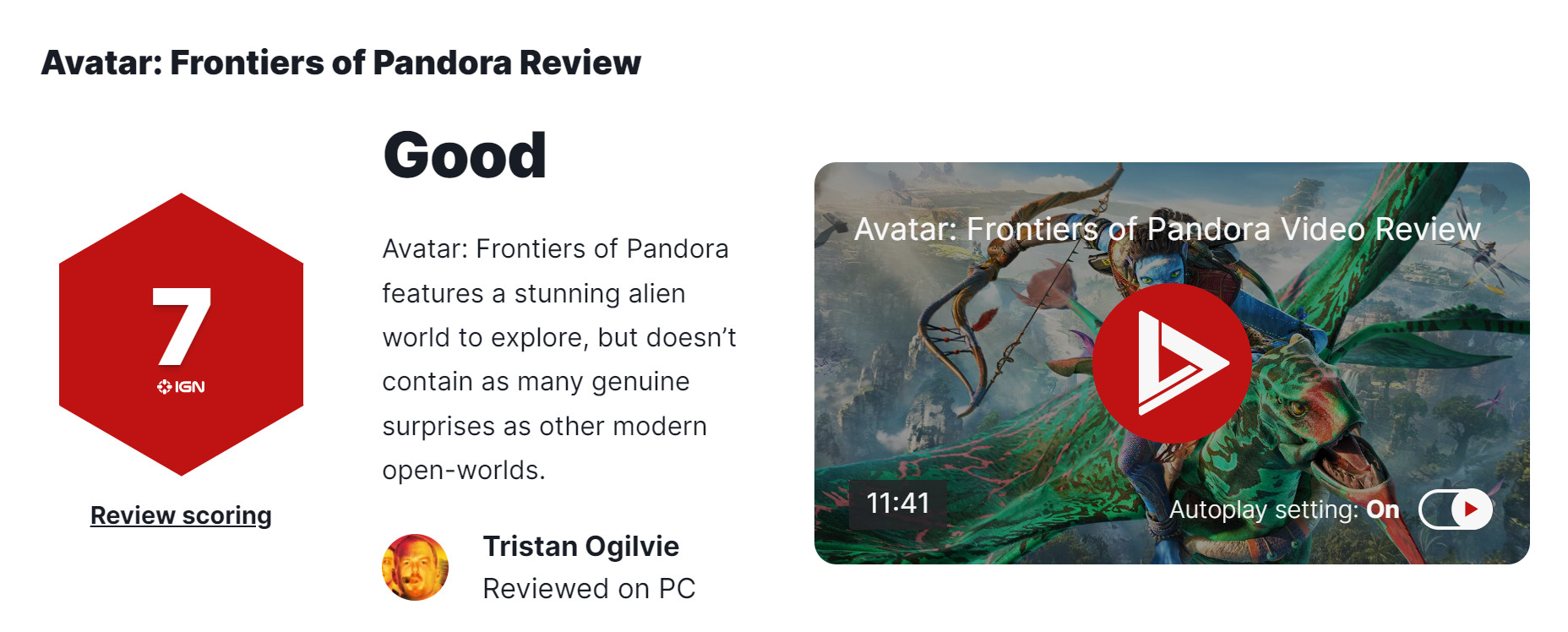 《阿凡达：潘多拉边境》媒体评分解禁 IGN 7分