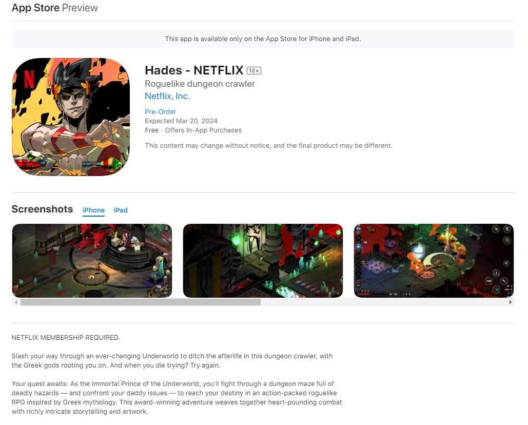 《黑帝斯》Netflix合作iOS版 将于3月20日正式上线
